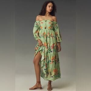 Anthropologie Farm Rio Off Shoulder Floral Midi Dress Boho Shower Garden Brunch
